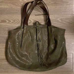 Carla Mancini Leather Snakeskin Print Olive Green Hobo Purse